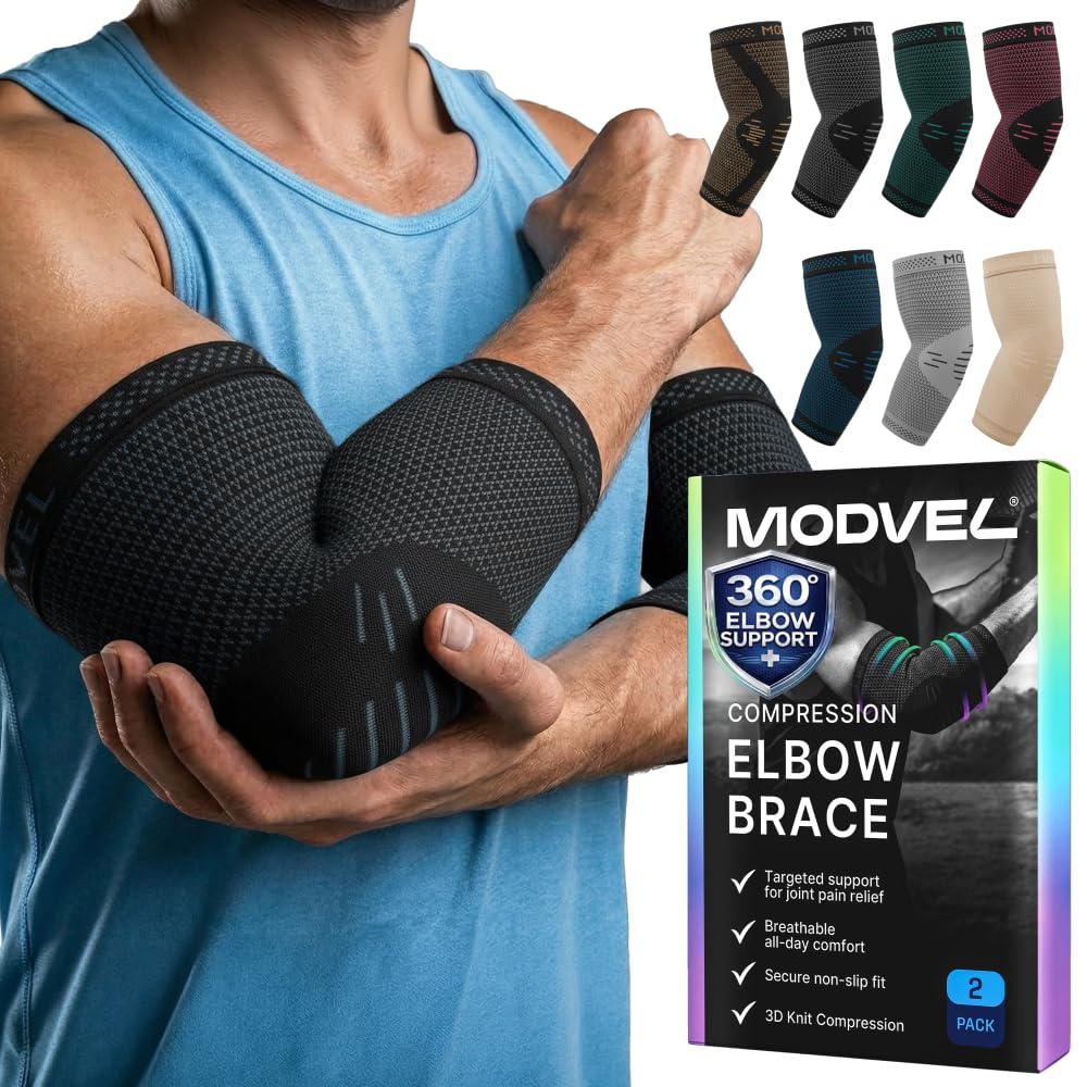 Modvel 2 Pack Elbow Brace for Tendonitis and Tennis Elbow Brace for Women and Men, Elbow Compression Sleeve for Pain Relief and Recovery – Elbow Sleeves Weightlifting Men, Sports & Workout, Arm Brace