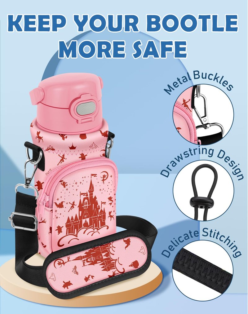 Miss Adola Water Bottle Carrier with Strap - Cute Cartoon Insulated Water Bottle Carrier Bag with Pocket Neoprene Bottle Holder Bag for 14/16/18/20 oz Stainless Glass Bottles Sleeve, PK Castle