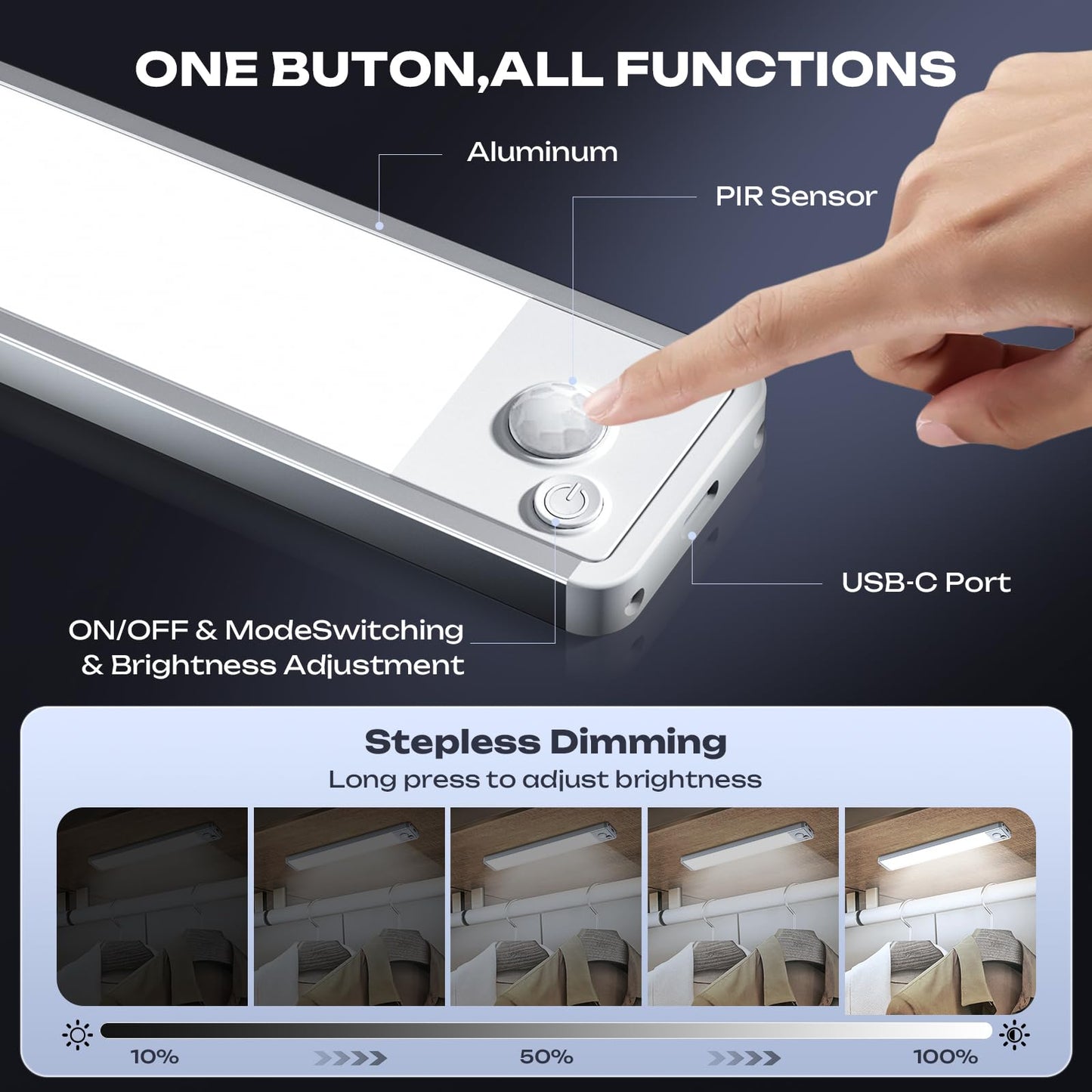 LUMIJOLI 2 Pack Under Cabinet Lighting Wireless 10inch LED Motion Sensor Magnetic Light 2200maAh Rechargeable Indoor Closet Lights for Kitchen, Stairs Cool White