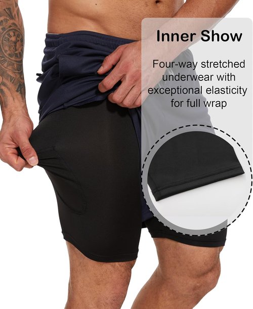 Kinglaman 2-in-1 Men's Running Workout Shorts - Quick Dry Athletic Shorts with Pockets | 4 Pack