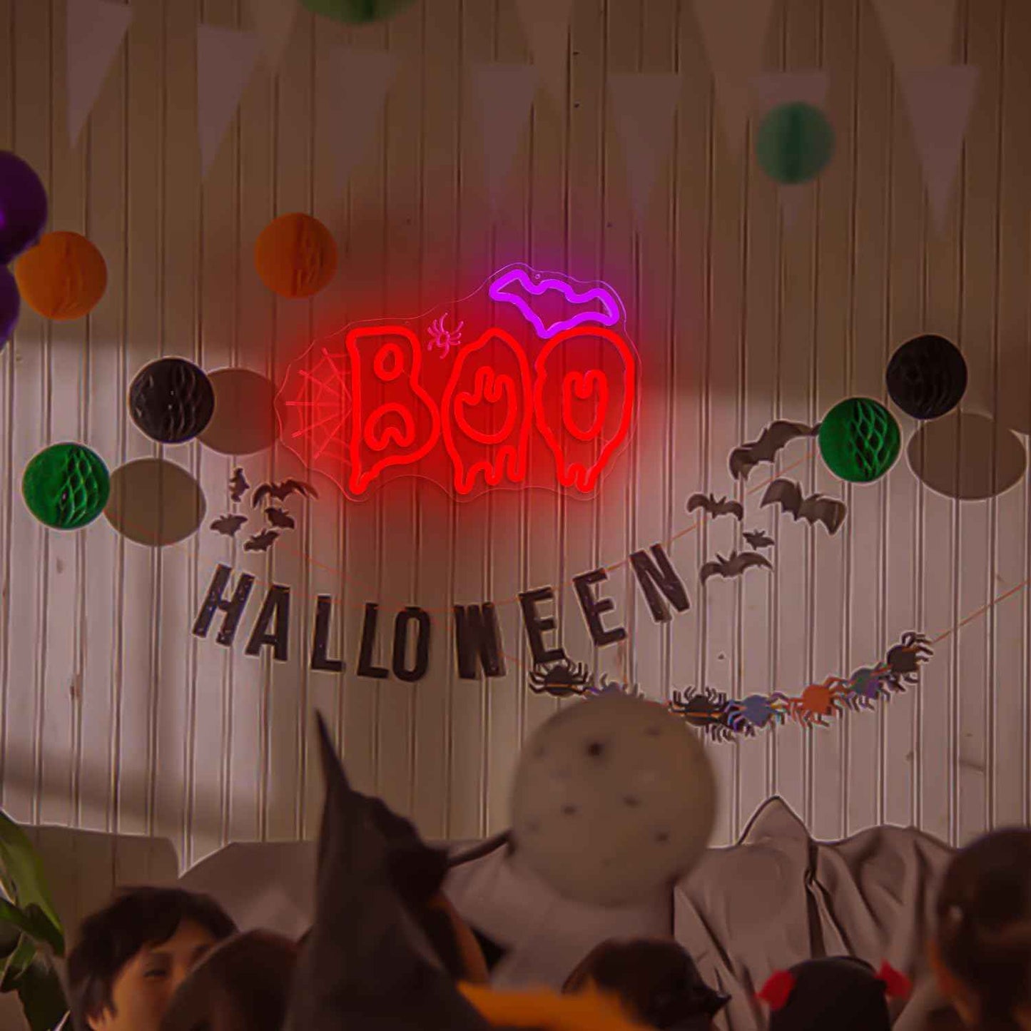 Ajoyferris Halloween Neon Sign Boo Bat Led Sign for Halloween Party Decorations Dimmable Boo Spider Web Neon Lights Spooky Neon Light Up Sign (Red)