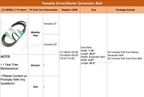 CLUBRALLY Golf Cart Drive/Starter Generator Belt Kit, Applicable to Yamaha G1 G3, OEM#J17-46241-00-00/J10-46241-00-00, J10-81173-00