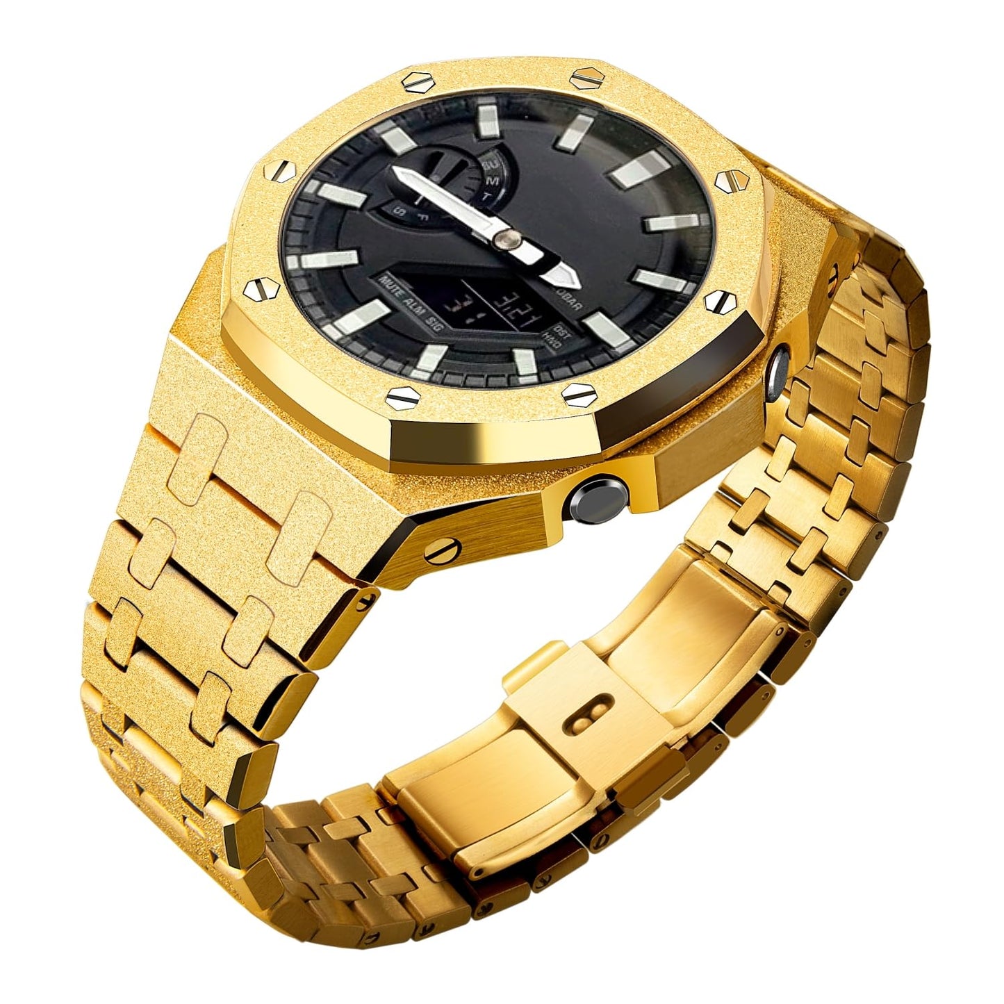 BMT GA2100 Watch Band Case Mod Kit, Stainless Steel Strap Bezel Replacement Accessories Frosted Surface Compatible with Men's Watches G-Shock GA-2100/GA-2110/GA-B2100 (Frost Gold)