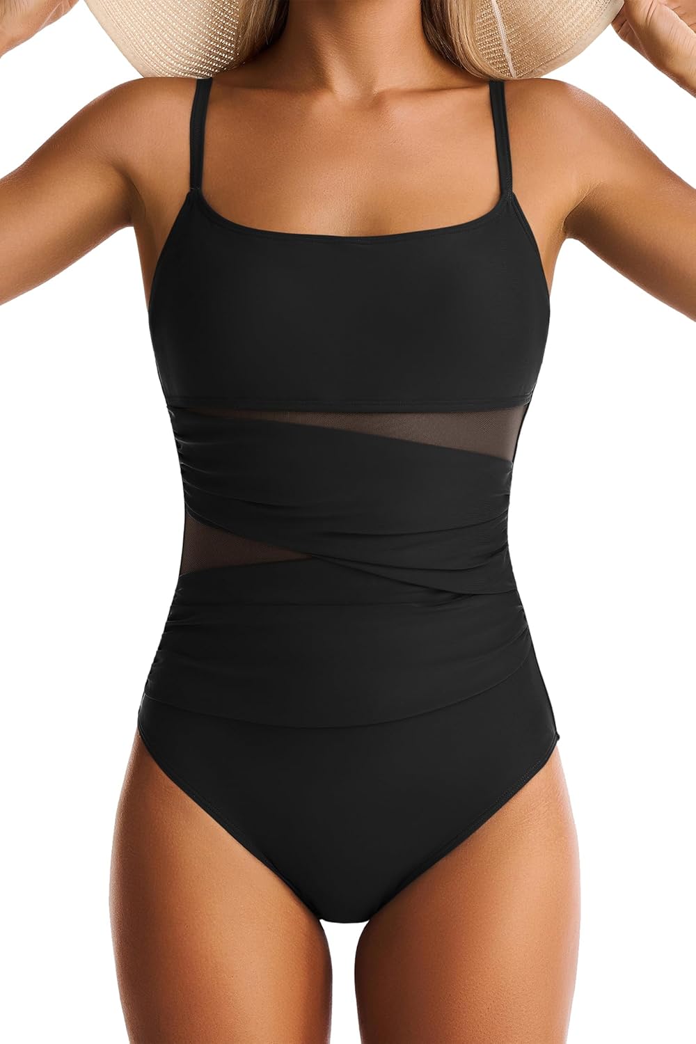 Skiennix One Piece Swimsuit - Tummy Control Mesh Bathing Suit with Push-Up Design | Slimming Square Neck