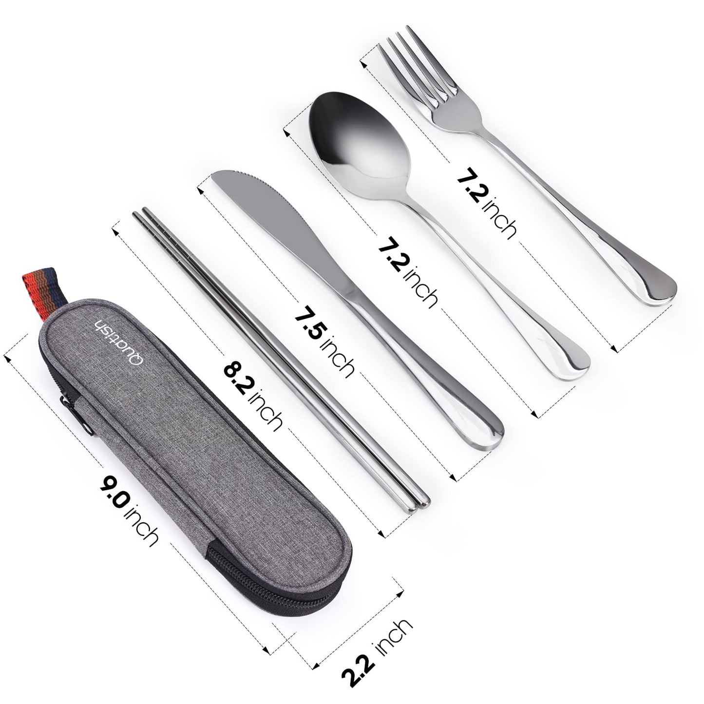 Travel Utensils with Case, Quatish Portable Silverware Set for Work, Stainless Steel Reusable Travel Cutlery, Fork and Spoon Set for Camping, Picnic, Gadgets, Lunch Box for Men, Christmas Gift, Silver