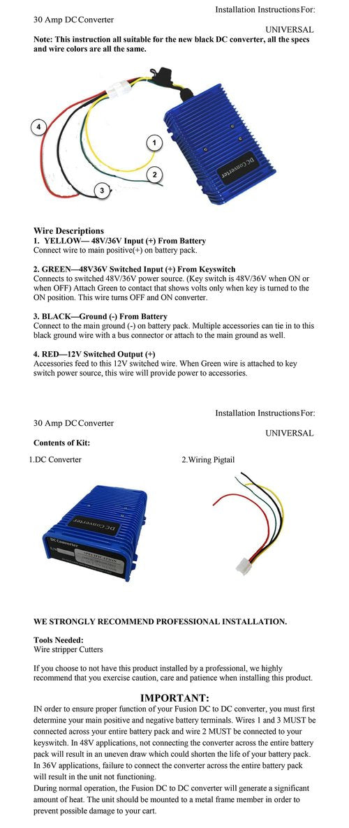 Golf Cart Voltage Reducer DC Converter 36V or 48V to 12V / 30 Amp 360 Watts with Dual Power Source