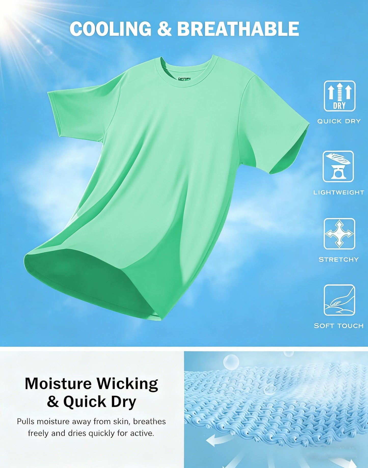 KINGFEN Men's Comfort Cool Sun Protective Shirt Workout Quick Dry Moisture Wicking Breathable Short Sleeve Casual Athletic Tee Green XL