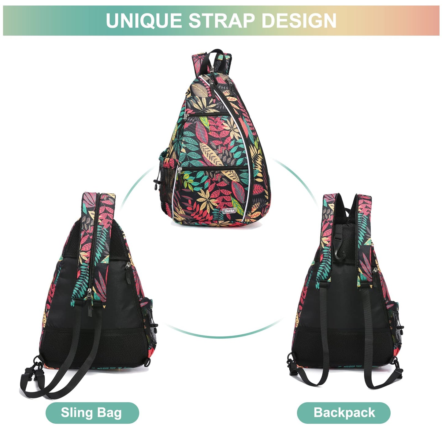 Sucipi Pickleball Bag - Men's -Women's Pickleball Backpack, Adjustable Sling Bag w/Fence Hook/Large Capacity/Safety Pocket-Red Leaf