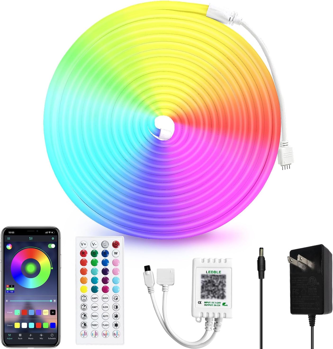 50ft RGB LED Neon Rope Lights with Remote & APP Control - Waterproof Flexible Strip for Bedroom & Outdoor Décor