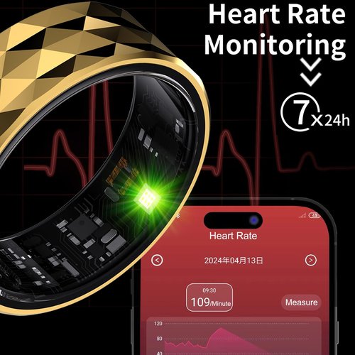 CNBRO Smart Rings for Men Women Fitness Ring Heart Rate Monitor Sleep Tracker Health Ring Pedometer Calories Step Counter IP68 Waterproof Fitness Tracker for Android iOS Phones, US-10, Gold