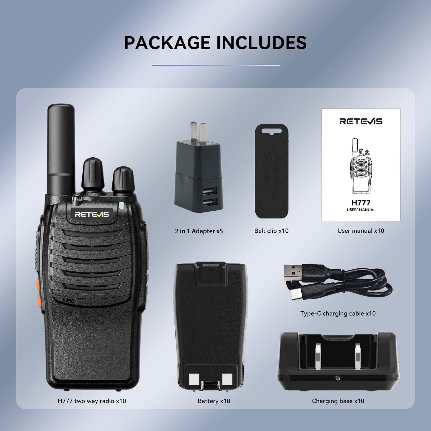 Retevis H777 Walkie Talkies for Adults with Clear Audio, Flashlight USB C