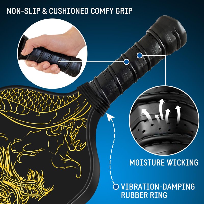AIMINUO Pickleball Paddles, Fiberglass Pickle Ball Paddle Set, 16mm Lightweight Pickleball Paddles for Men Women Kids Indoor & Outdoor, Golden Dragon Black