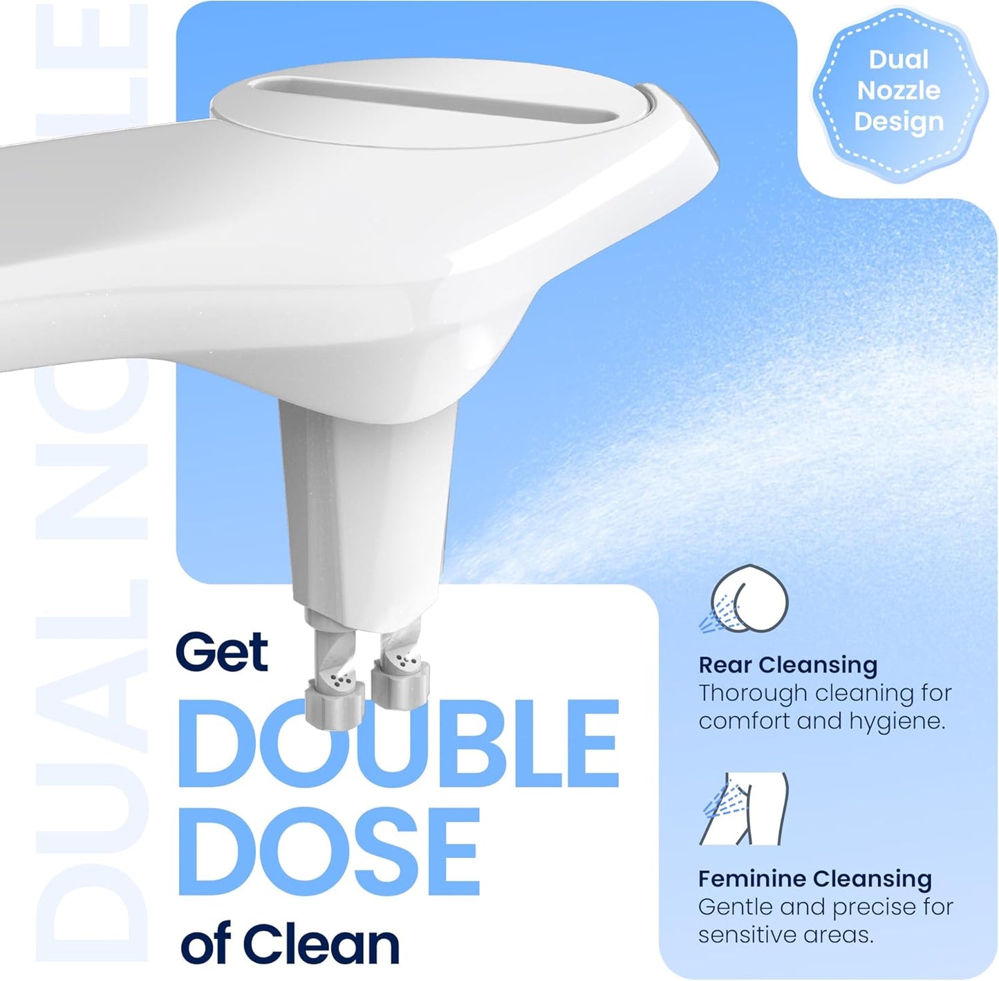 Non-Electric CLEAR REAR Bidet Attachment for Toilet - Self-Cleaning Dual Nozzle, Adjustable Pressure, White