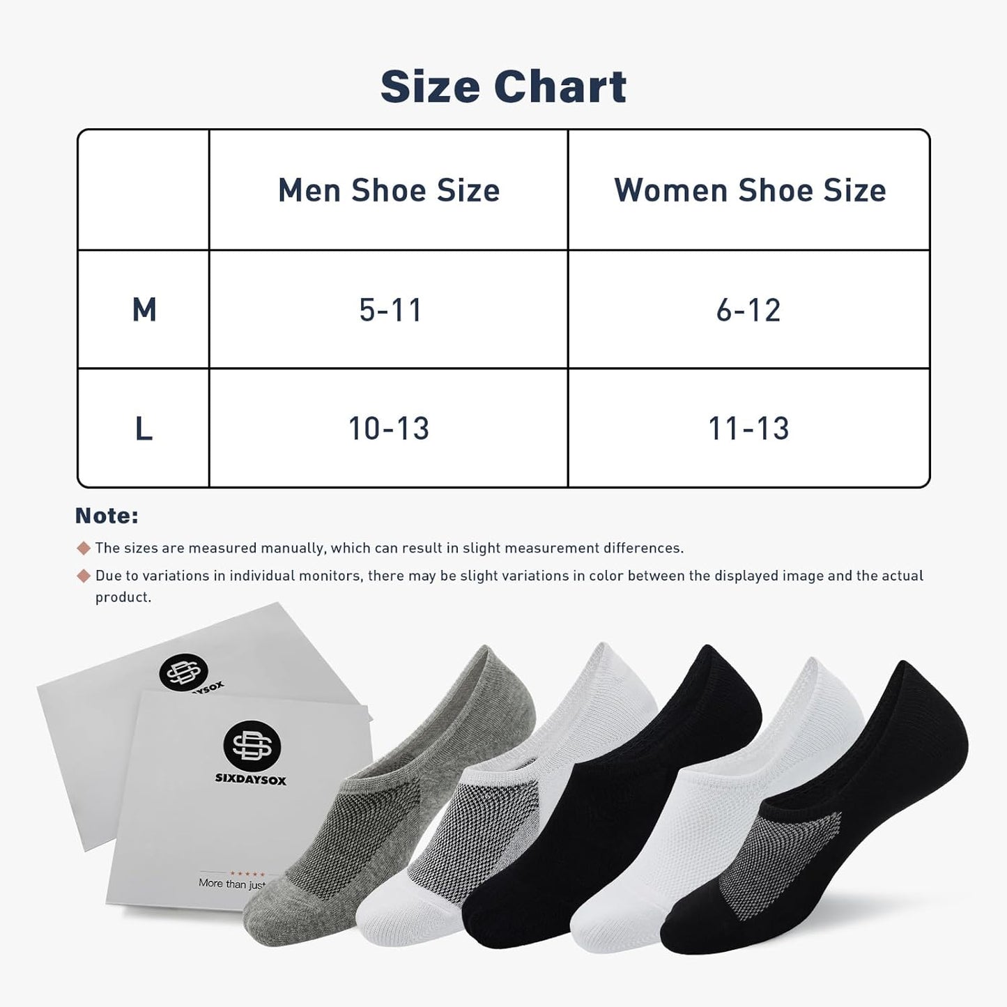 SIXDAYSOX No Show Socks for Men - Invisible Low Cut, Non-Slip Design | Size 5-11 & 10-13 (6/8 Pack)