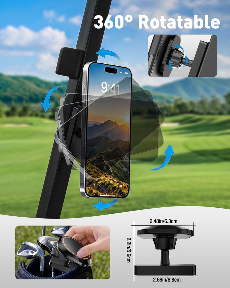 NEVERLAND Magnetic Golf Cart Phone Holder - 360° Rotation Golf Cart Phone Mount Compatible with MagSafe iPhone and Android, Golf Cart Accessories Gifts for Men Women Golfers