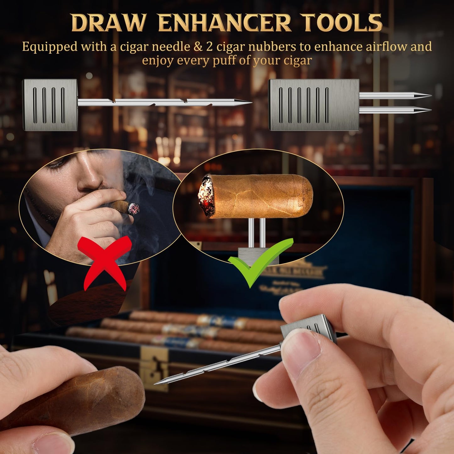 XIFEI 8-in-1 Desktop Cigar Lighter Kit, 4 Jet Flame Torch Lighter with V Cutter Guillotine, Punch, Holder, 3 Draw Enhancer Tools, 3 Ashtrays, Cigar Accessories for Home, Office, Bar & Gifts (Black)