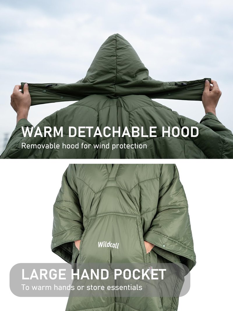 WildCall Hooded Camping Blanket with 3M Thinsulate Insulation Wearable Poncho Blanket Ultralight Foldable Quilt Sleeping Bag for Outdoor, Hiking, Stadium