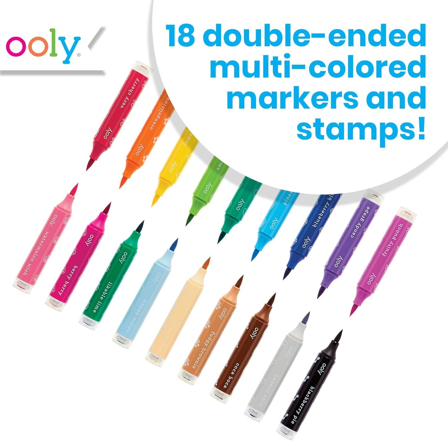 Ooly 18 Double-Sided Stamping Markers - Versatile Brush Tip & Stamp | Fun School Supplies