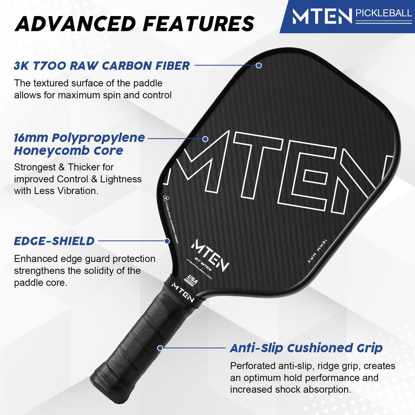 Pickleball Paddles, USAPA Approved Carbon Fiber Pickleball Paddle,16MM Polypropylene Honeycomb Core, Increased Power and Spin, Novice & Pro Players