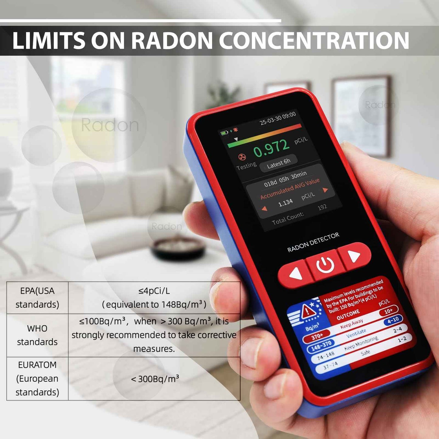 Radon Detector Portable Radon Tester, 0.09-1000pCi/L Radon Detector for Home, 504-Day Data Storage Radon Monitor with Buzzer and Visual Alarm, Large LCD Screen 45-Day Battery Life for Home Basement