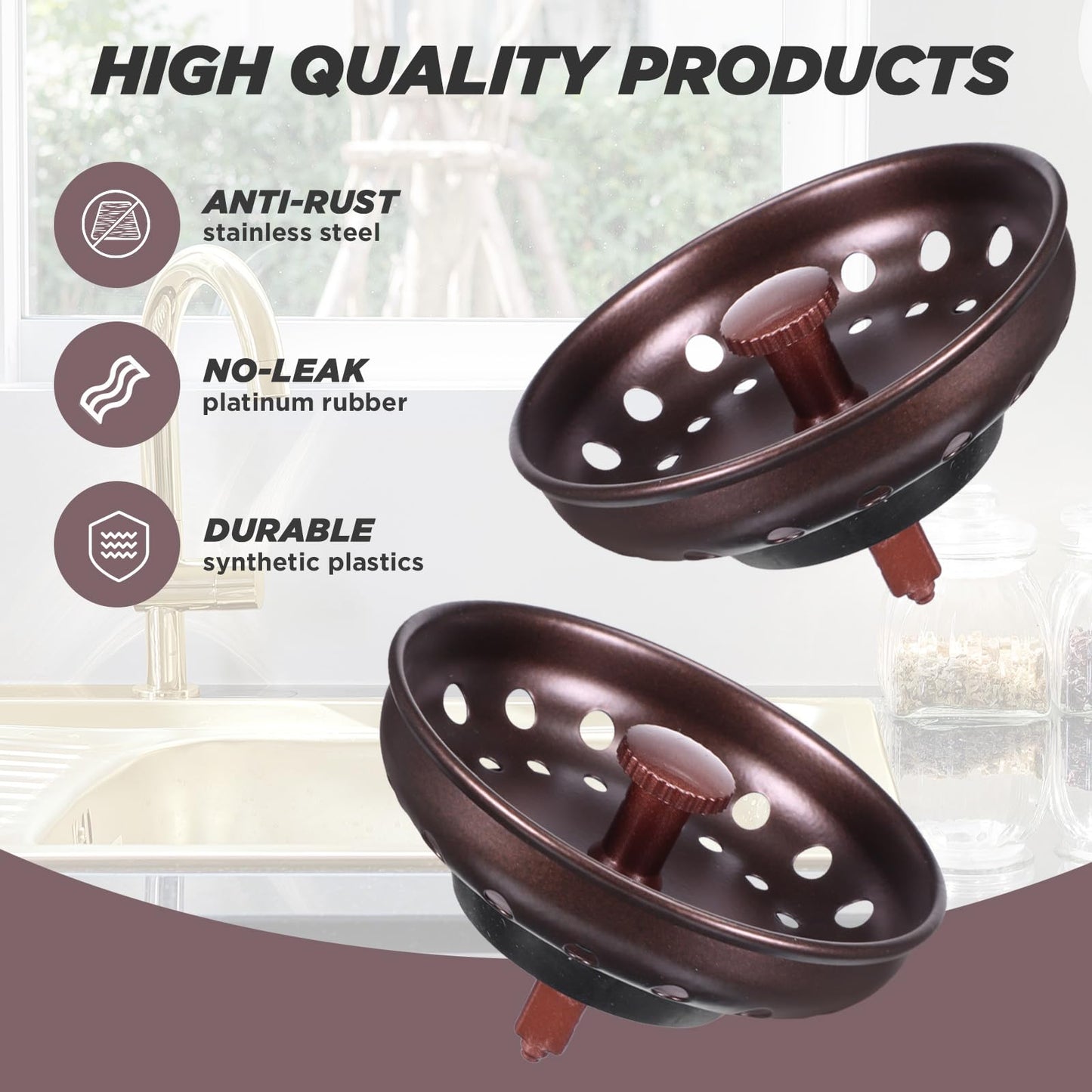 Retisee 2 Pcs Kitchen Sink Stopper Strainer Stainless Steel Drain Strainers for Universal 3-1/2 Inch Kitchen Sink Drain Replacement(Oil Rubbed Bronze)