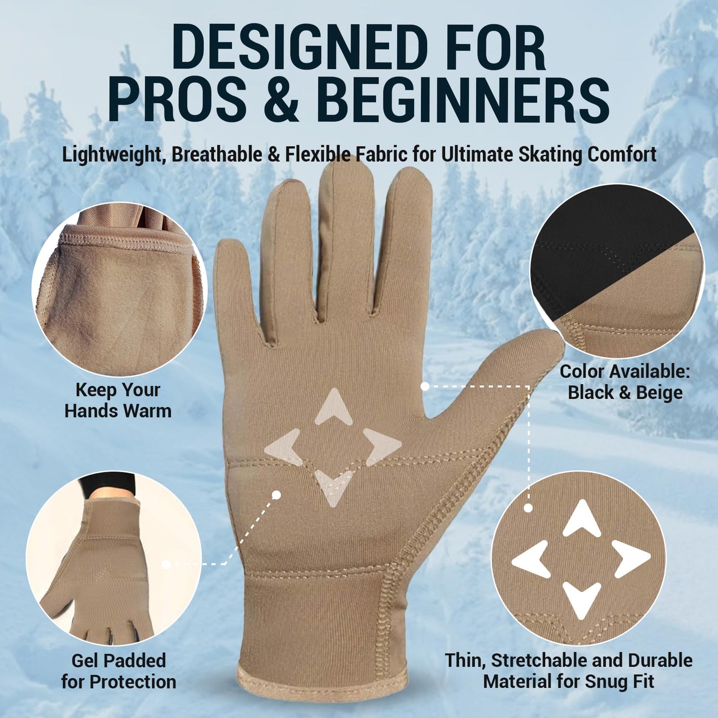 Kami-So Figure Skating Gloves | Ice Skating Accessories | Gel Wrist Protection | Thermal Padded Wear | Skate Accessories for Practice, Skate Outfit, Nude Gloves - Large, Beige (Waterproof)