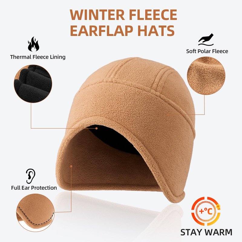 OZERO Winter Mens Beanies Hat: Windproof Thermal Warm Polar Fleece Beanie Hat with Earflaps - Ski Cycling Skull Caps for Men Women, Black