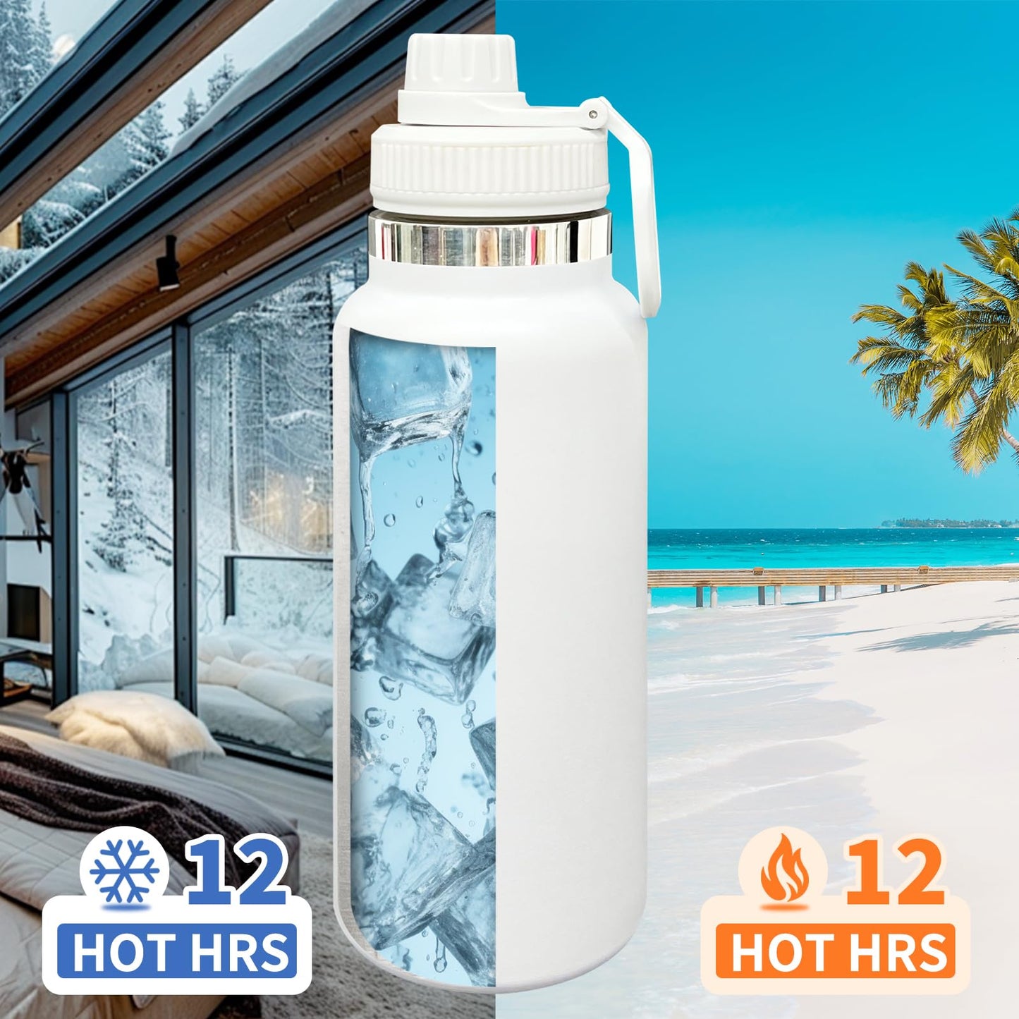 FunTrans 32 oz Insulated Water Bottle with Spout Lid - Double Wall Vacuum Sports Water Bottle - Powder Coated Cup for Gym Camping Hiking(White,1 pack)