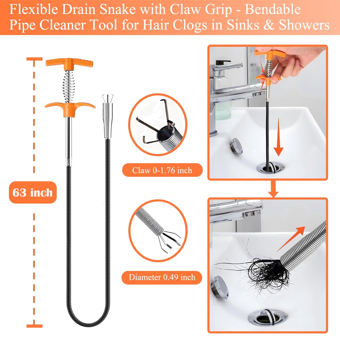 63 In Drain Snake Hair Drain Clog Remover Tool, Sink Drain Cleaner for Sewer Kitchen Bathroom Shower Tub Toilet Clogged Drains Opener Cleaning Tool, Flexible Grabber Claw Pick Up Reacher Tool