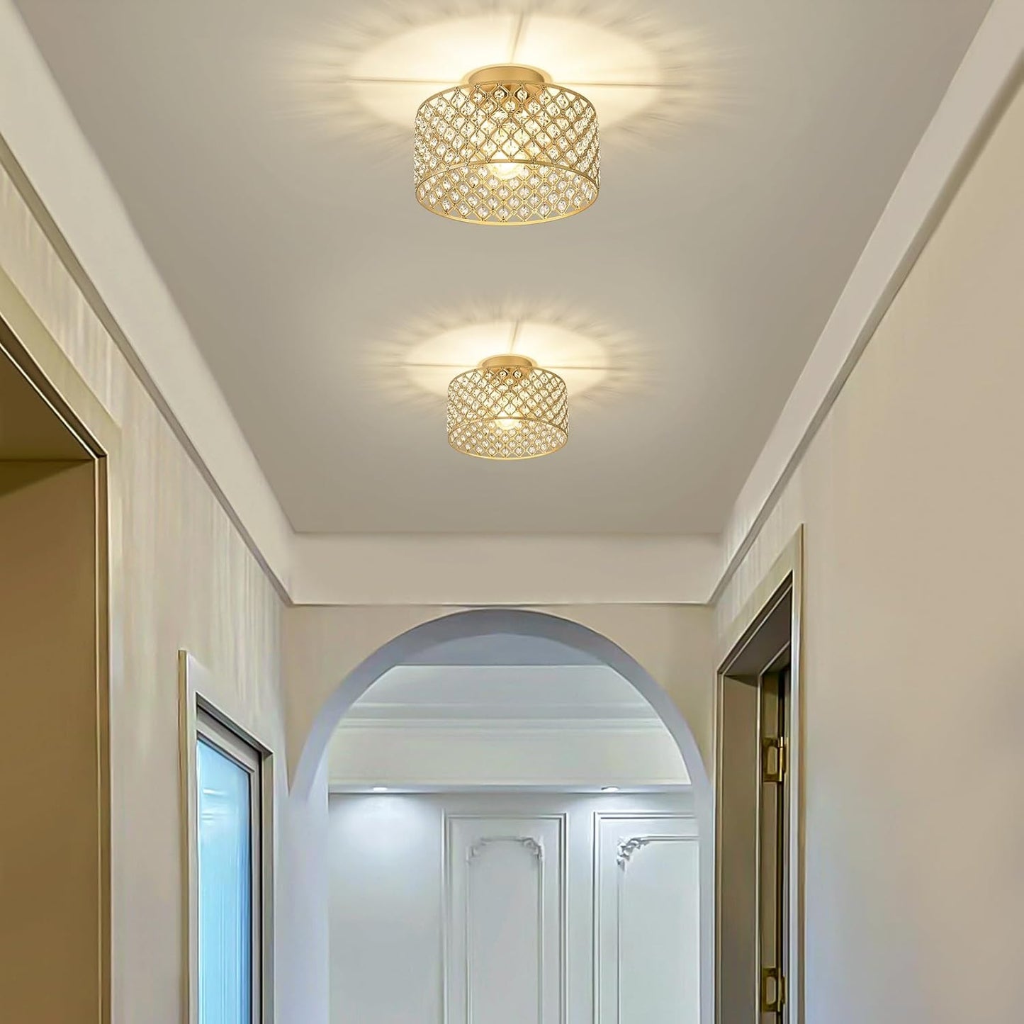 Modern Black Crystal Semi Flush Mount Ceiling Light Fixture - 11.2" Round Chandelier for Dining Room, Hallway, Kitchen & Bedroom