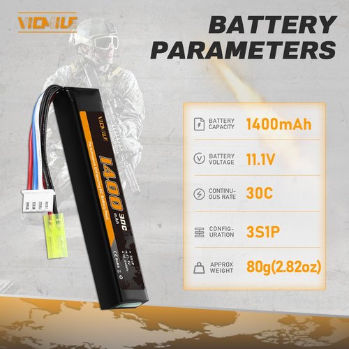 3S Airsoft Battery - 30C 11.1V 1400mAh Mini Tamiya Plug with USB Charger | Compatible with Most Airsoft Guns
