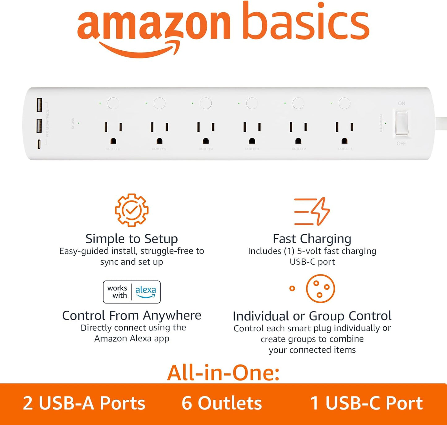 Smart Plug Power Strip with 6 Outlets & 3 USB Ports - Works with Alexa, Wi-Fi, White