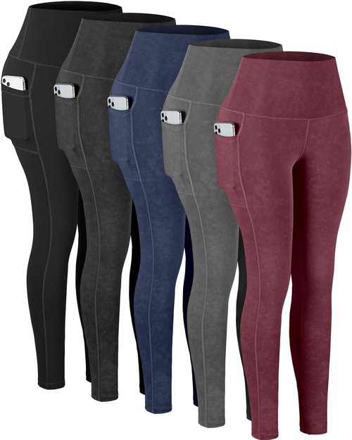 CHRLEISURE Leggings with Pockets for Women, High Waisted Tummy Control Workout Yoga Pants(5 Packs, MS-BlackGrayNavyWine, M)