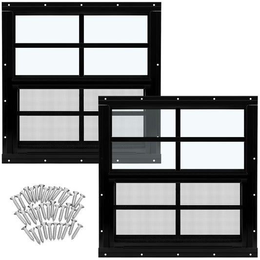 Tandefio 2 Pack 16'' x 16'' Black Flush Mount Shed Window with Tempered Glass and Screen Household Windows Sliding Windows with Vertical Slider and Screws for Chicken Coop Sheds Barns