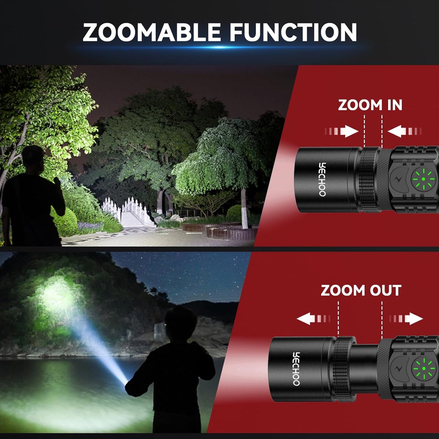 RECHOO Rechargeable LED Flashlight - High Lumens, Adjustable Focus, 5 Lighting Modes | Perfect for Home & Camping