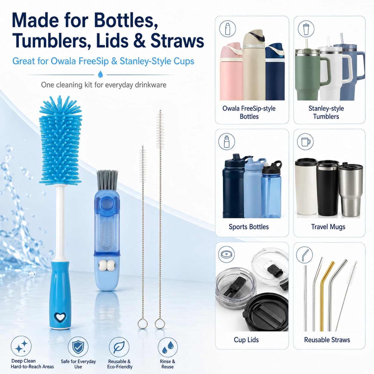 4 Pack Bottle Brush Cleaner Water Bottle Brush Cleaning Kit Straw Cleaner for Owala Freesip, Bottle Cleaner for Stanley Silicone Brush for Tumbler Sport Bottles, Water Bottles
