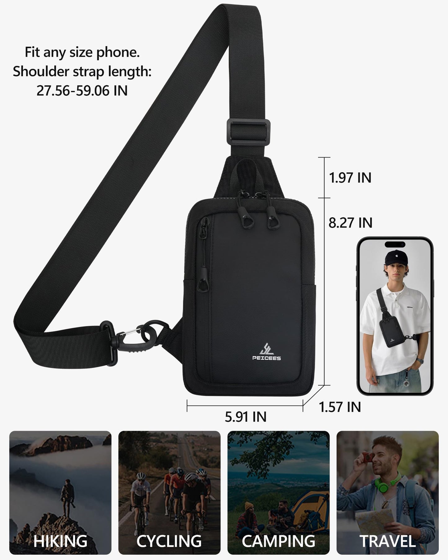 Peicees Small Crossbody Sling Bag Chest Bag Dual Pocket Water Resistant Fanny Pack Running Phone Holder for Men Women Workout Travelling, Blue