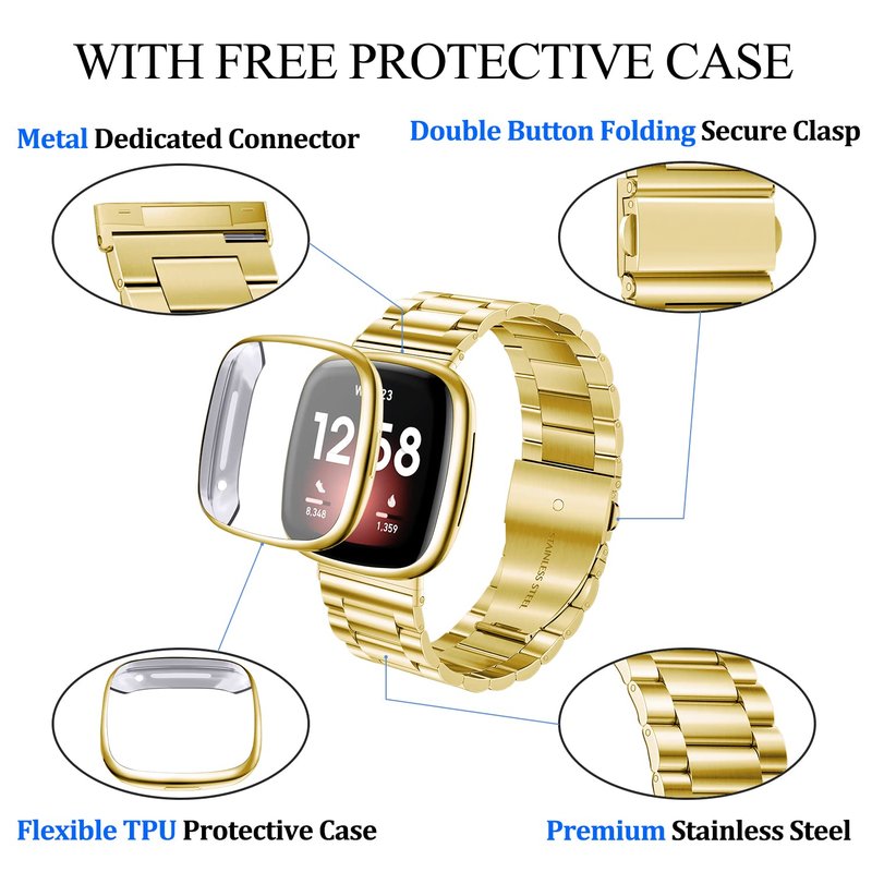 ZPJPPLX for Fitbit Versa 3 and Fitbit Sense Metal Quick Release Straps,Stainless Steel Band with Soft TPU Full Cover Protective Cases for Women Men,Gold