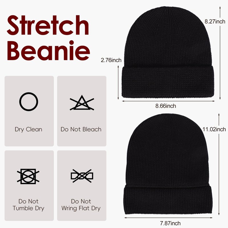 M/L/XL/XXL Merino Wool Beanie for Men, Plus Size Warm Knit Hat with Fold-Up Cuff, Soft Ski Skull Cap for Big Heads Black