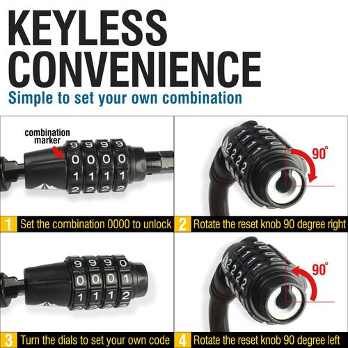 MARQUE Combination Bike Lock Cable- 3/8 inch (5FT, 10FT, 15FT, 25FT) Resettable Combination Lock, Anti-Theft Coiled Secutiry Cable for Bicycles, Kayaks, Paddle Boards, Gates and Outdoor Gear (5 FT)