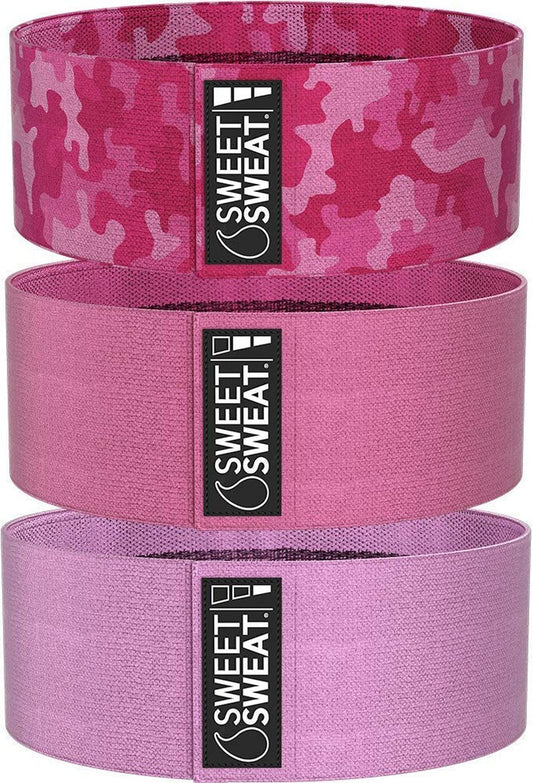 Sweet Sweat Hip Bands with 3 Levels of Resistance | Non-Slip Fabric Booty Bands for Squats & Lunges | Includes Free Mesh Carrying Bag (Pink)