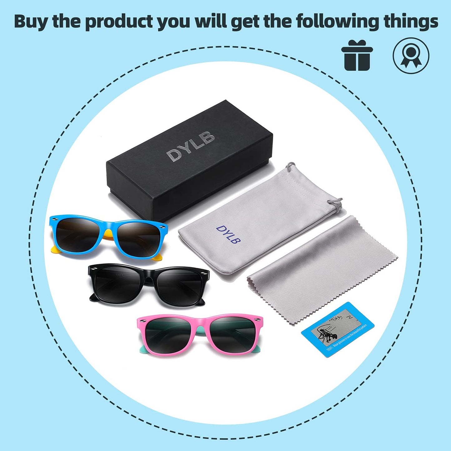DYLB Kids Polarized Sunglasses for girls boys 3 Pack, Flexible TPEE Rubber Frame for Children Age 3-8. (Black +Pink Green +Blue Yellow)
