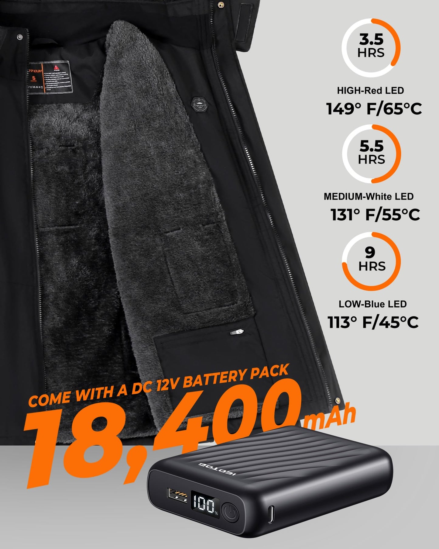 GOTOBI Heated Jackets for Men with 12V 18400mAh Battery Pack, Heated Coat with 8 Heated Zones, Winter Waterproof Ski Jacket