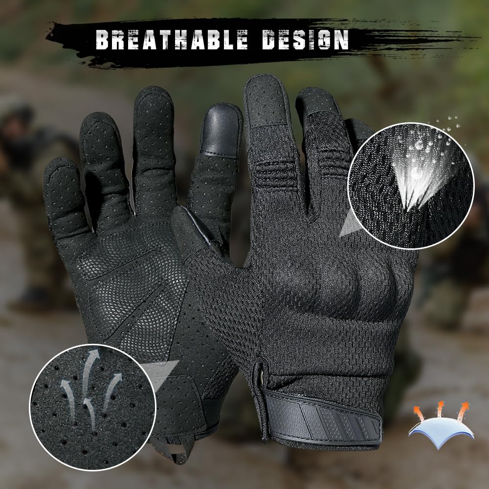 WTACTFUL Touch Screen Summer Breathable Tactical Gloves for Men Airsoft Paintball Hunting Outdoor Full Finger Gloves Black XL