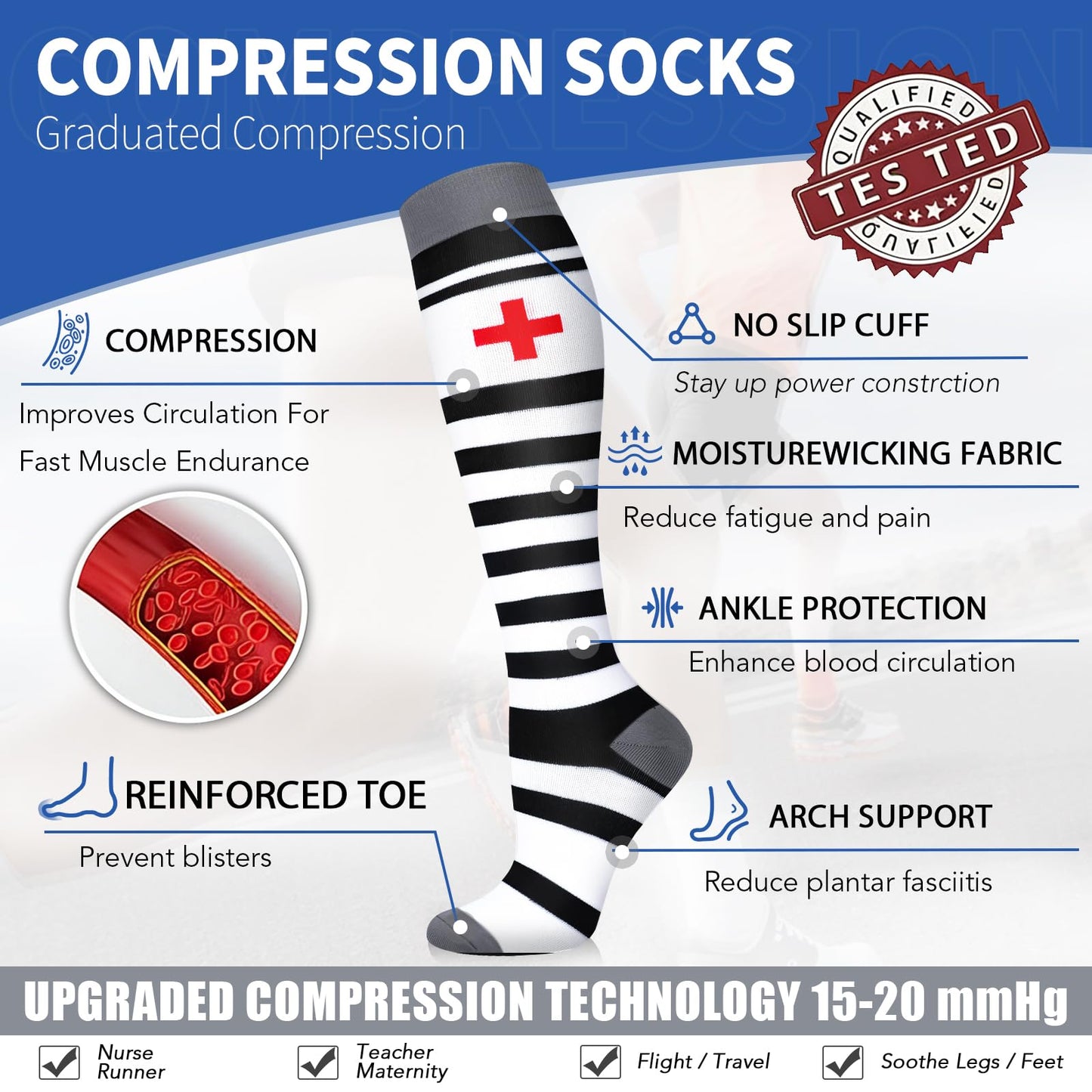 Sooverki Compression Socks for Women 8 Pairs 15-20mmHg Best for Flying Travel Fun Cute White Black Knee High Stockings Wide Calf Nurse Gifts Essentials Pregnancy Support Running Athletic