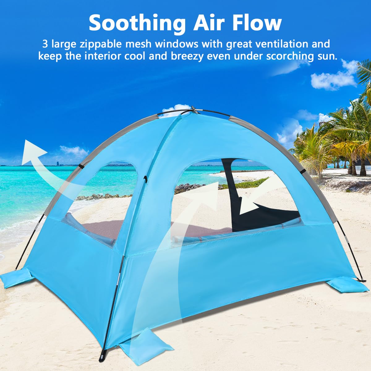NXONE Beach Tent Sun Shade Shelter for 2-3 Person with UV Protection, Extended Floor, 3 Mesh Roll Up Windows & 8.0mm Fiberglass Rods丨Carry Bag Included (Dark Shelter-Ocean Blue)