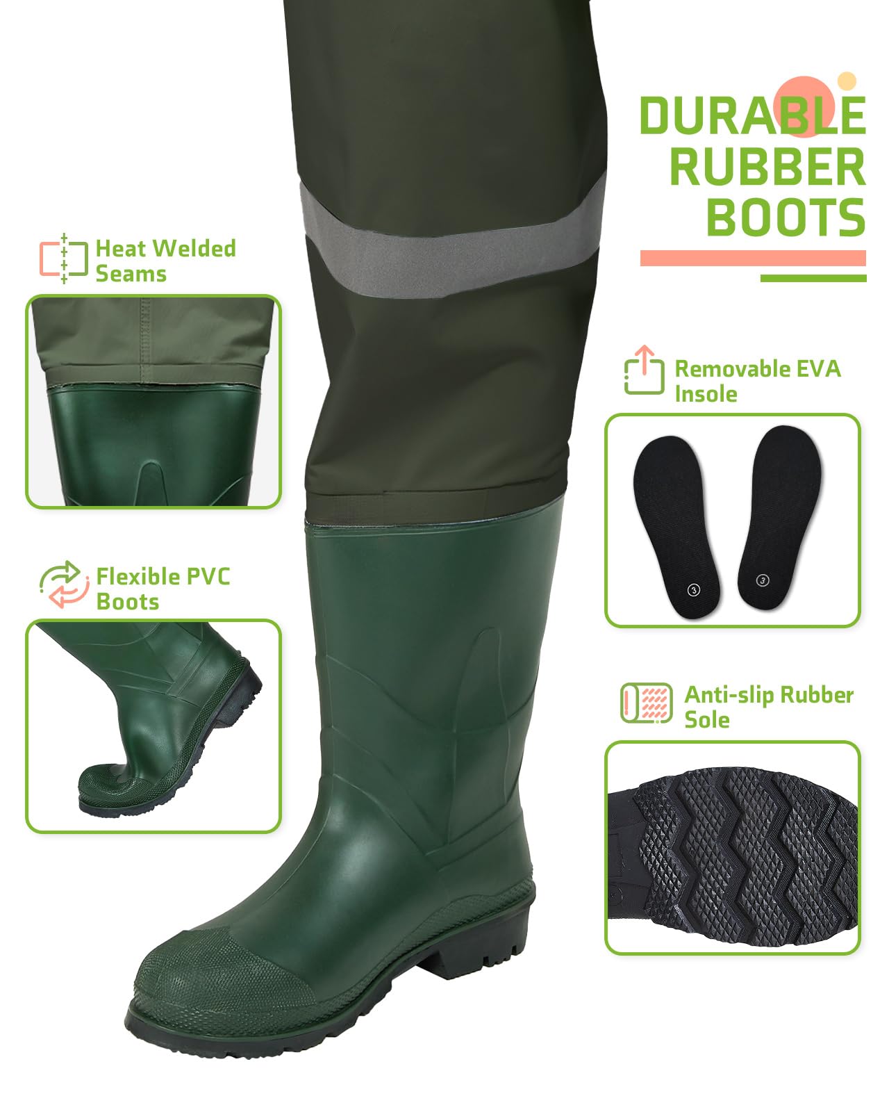 HISEA Kids Chest Waders Nylon/PVC Youth Fishing Waders for Toddler & Children Waterproof Hunting Waders with Boots & Reflect Safety Band