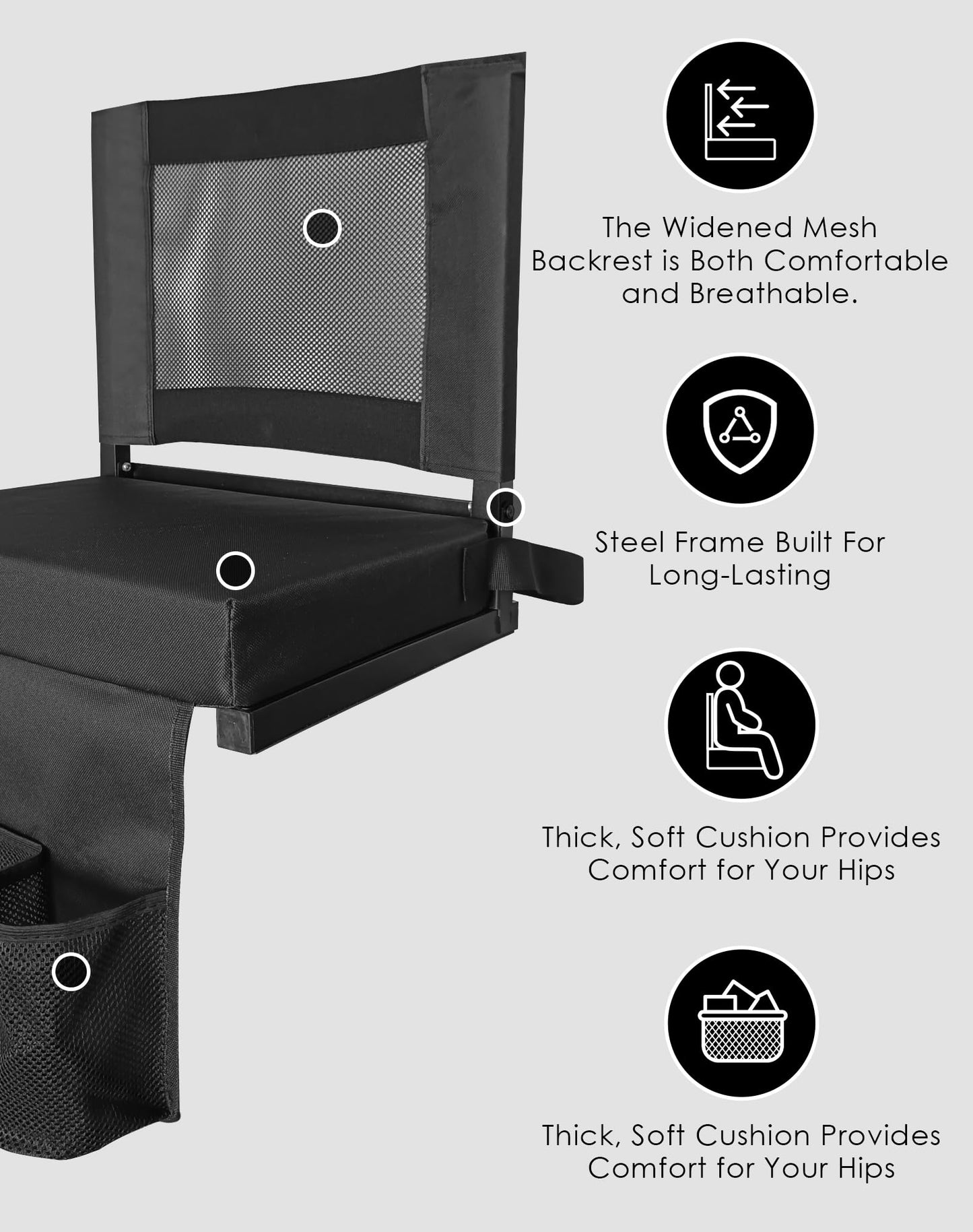 MOIICARE Stadium Seats for Bleachers with Back Support, Bleacher Chairs with Backs and Cushion Wide, Portable Folding Seats with Magnetic Bottom Strips, Includes Shoulder Strap - Black (1, Black)