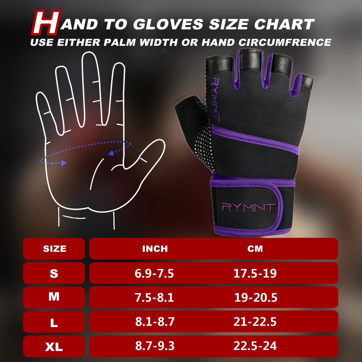 RYMNT Workout Gloves with Wrist Wrap Support, Weight Lifting Gloves with Full Palm Protection & Extra Grip for Men Women Gym Exercise, Fitness, Weightlifting, Pull ups, Power Lifting,Purple-S
