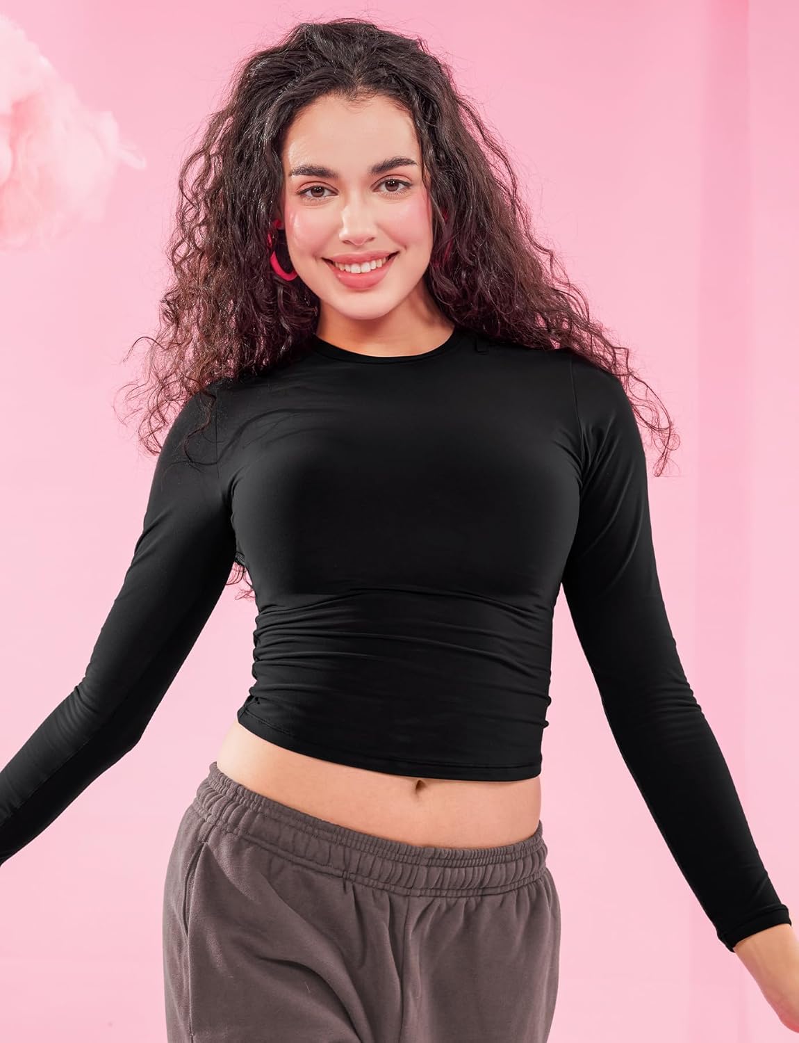 YEOREO Long Sleeve Women's Tee - Double Lined Crew Neck Top for Y2K Style & Workouts
